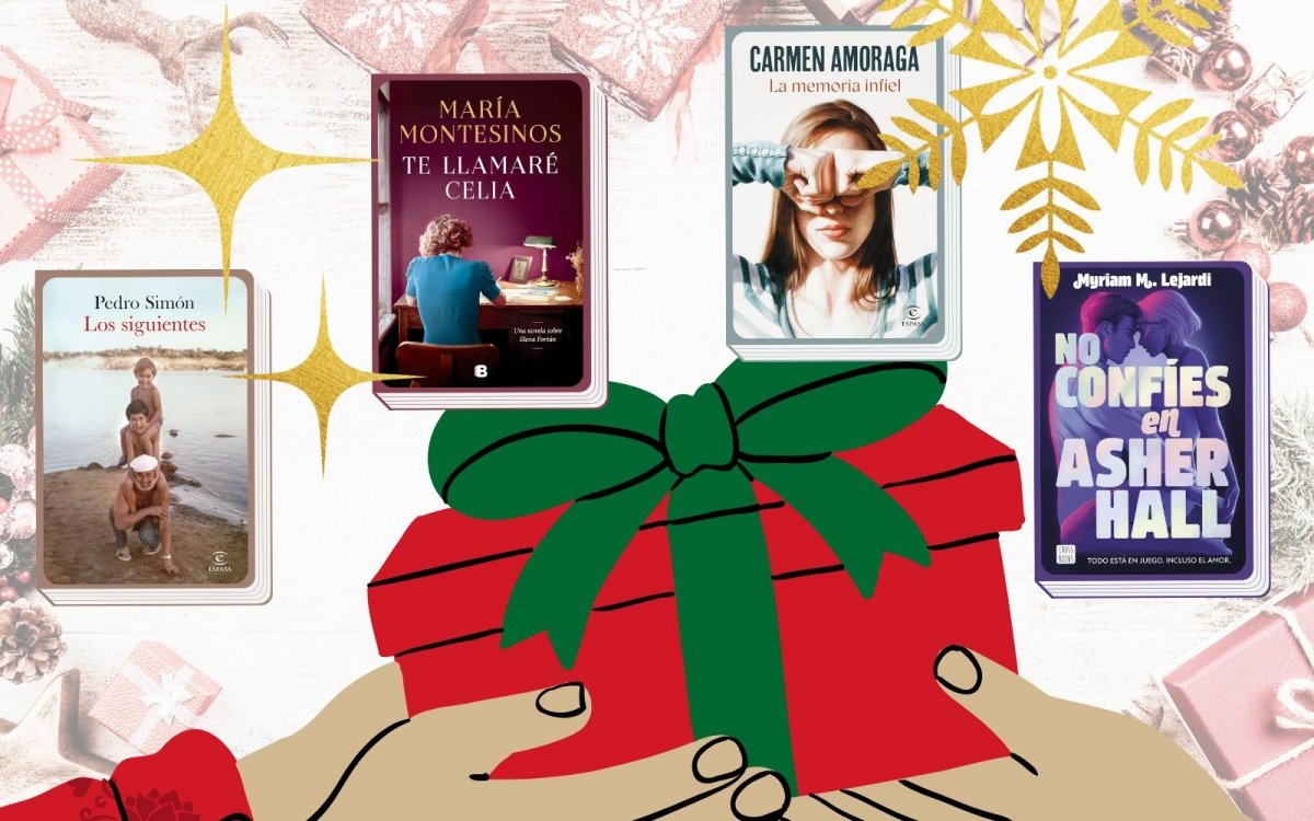 Cuatro libros para regalar estas Navidades rodeados de un regalo, estrellas y un copo de nieve