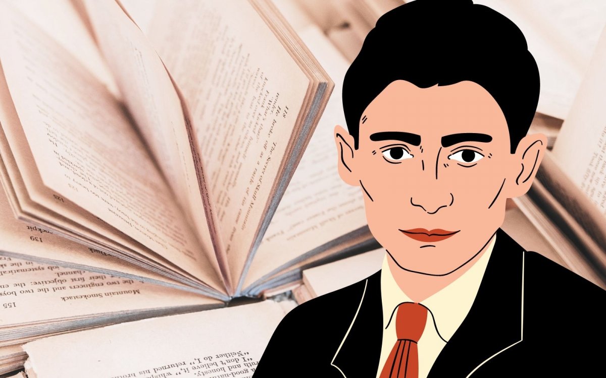 Ilustración de Franz Kafka con un fondo de libros abiertos para expresar algo kafkiano