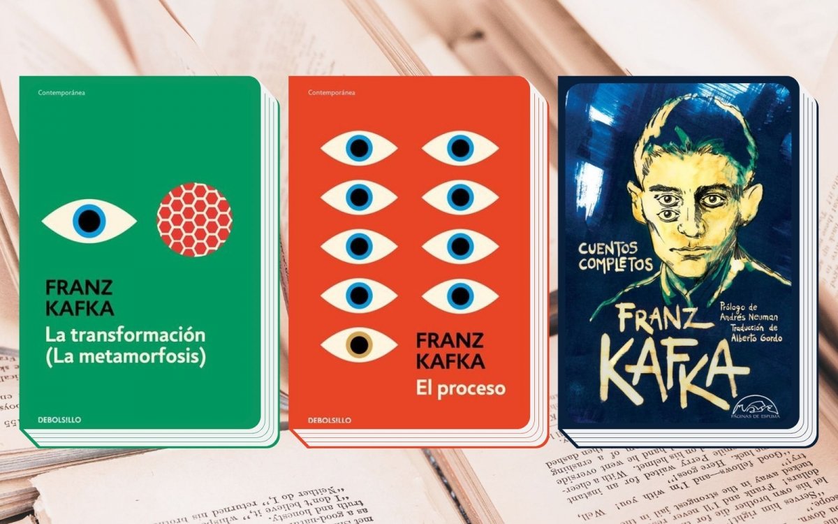 Portadas de La metamorfosis, El proceso y Cuentos completos de Franz Kafka