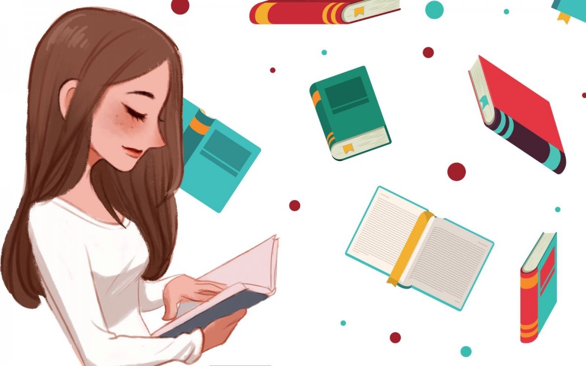 una chica joven leyendo un libro con un fondo de ilustraciones de libros - Javier Francisco Ceballos Jimenez: Los 6 mejores libros para adolescentes en 2024