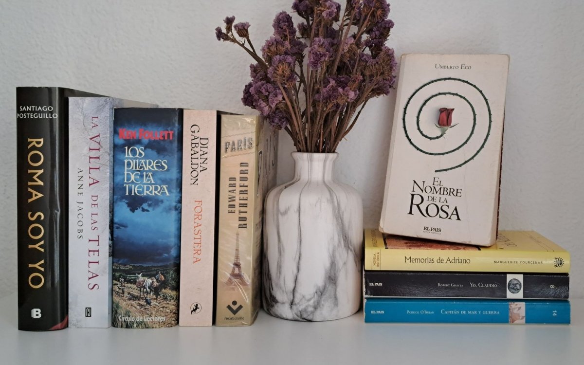 Colección de libros de novela histórica acompañados de un jarrón con flores secas