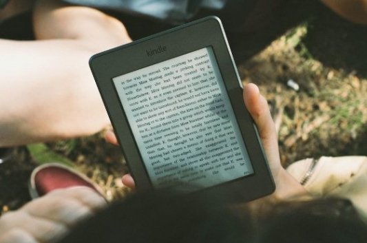 Personas leyendo un libro en ebook sobre un Amazon Kindle en el campo.
