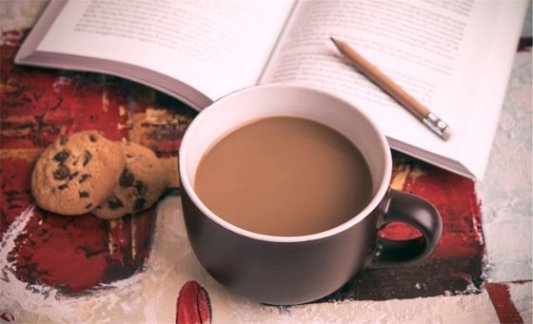 Libro abierto con un lápiz para tomar notas junto a una taza de café con leche y galletas de chocolate.