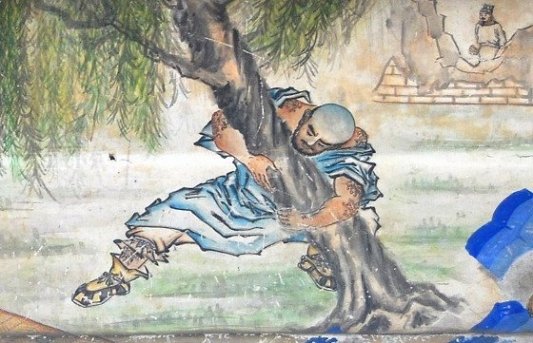 Ilustración de Lu Zhishen arrancando un árbol, como se lee en A la orilla del agua.