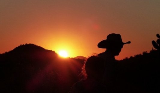 Vaquero a contraluz durante una puesta de sol en el desierto.